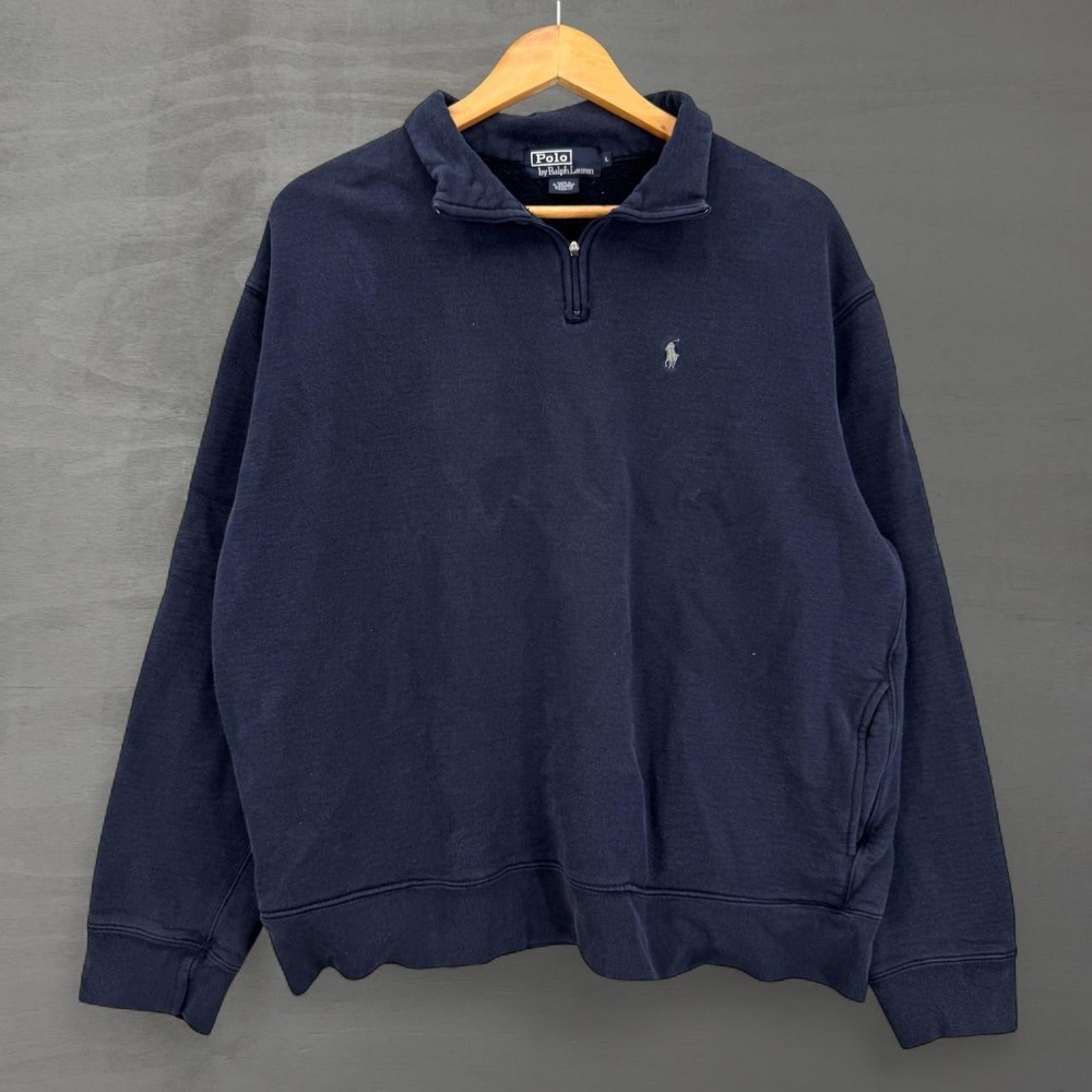 Vintage Polo Ralph Lauren Quarter Zip Sweatshirt Navy Blue Fleece Pullover Large